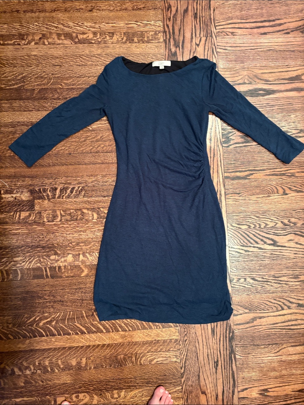 LOFT Navy Ruched Sheath Dress with Three-Quarter Sleeves